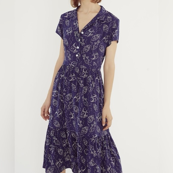 Rare HVN Charlotte dress with fish print in navy size 2 - Picture 3 of 10